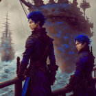 Stylized individuals with blue hair on ship deck with misty sailing ships