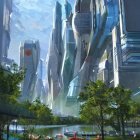 Futuristic cityscape with skyscrapers, greenery, and people on a serene day