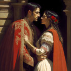 Regal couple in romantic embrace under sunlit archway