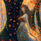 Woman in autumn forest with long hair, dress, headband adorned with fall leaves.