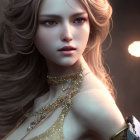 Blonde woman portrait with gold accessories and shimmering attire