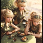 Blonde triplets in aviator goggles enjoying sushi outdoors