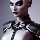 Futuristic female android with bold makeup and sleek armor