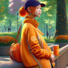 Young woman in yellow hoodie and cap with coffee cup in vibrant park setting