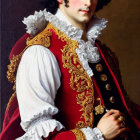 Historical costume portrait of a man with white ruffled collar and red embroidered jacket