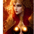 Digital artwork featuring woman with red hair and elaborate gold accessories