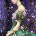 Digital painting of woman in green and gold dress surrounded by pink blossoms