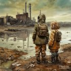 Children in heavy coats by industrial landscape with oil drums and refinery towers