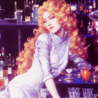 Blonde woman with curly hair in white outfit posing with bar backdrop