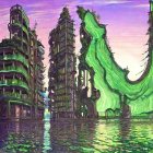 Green-Hued Futuristic Cityscape with Reflective Water Surface