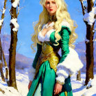 Blonde woman in green and gold medieval dress in snowy forest