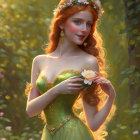 Red-haired woman in green dress with flower crown holding a rose in forest setting