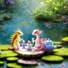 Animated dragons tea party by serene lily pond