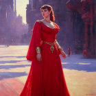 Woman in red dress in fantasy setting with towers and figures in armor