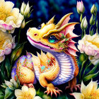 Colorful Dragon Illustration Among Blooming Flowers