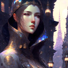 Fantasy female character with jeweled crown and ornate armor in illuminated setting