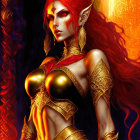 Fantasy female character with red hair and golden adornments