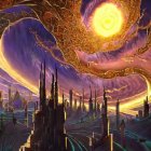 Fantastical cityscape under golden sky with luminous celestial body