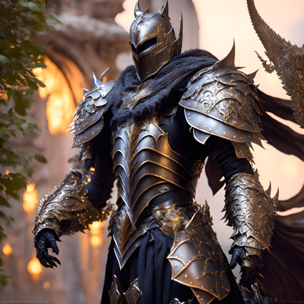 Fantasy armored knight with winged helmet and ornate metal gauntlets in gothic scene