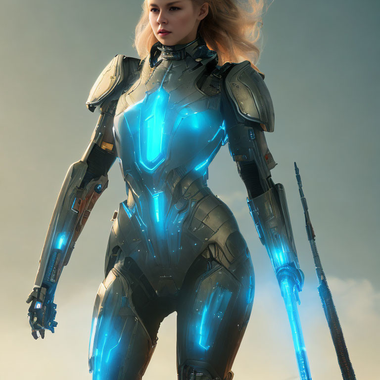 Female Warrior in Futuristic Armor with Glowing Blue Lights and High-Tech Spear