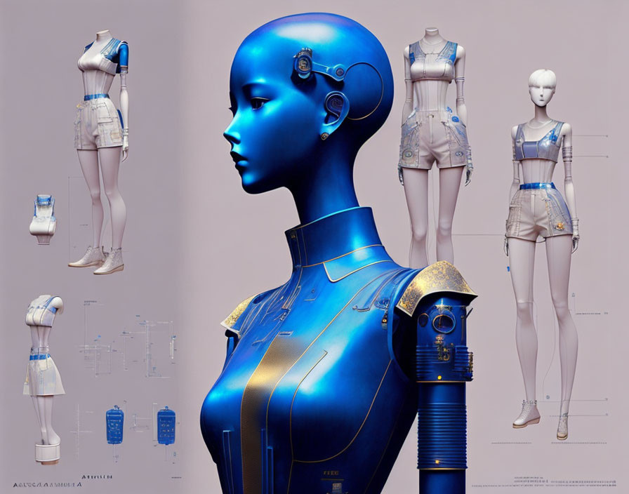 Blue futuristic female android alongside fashion mannequin designs and technical drawings.