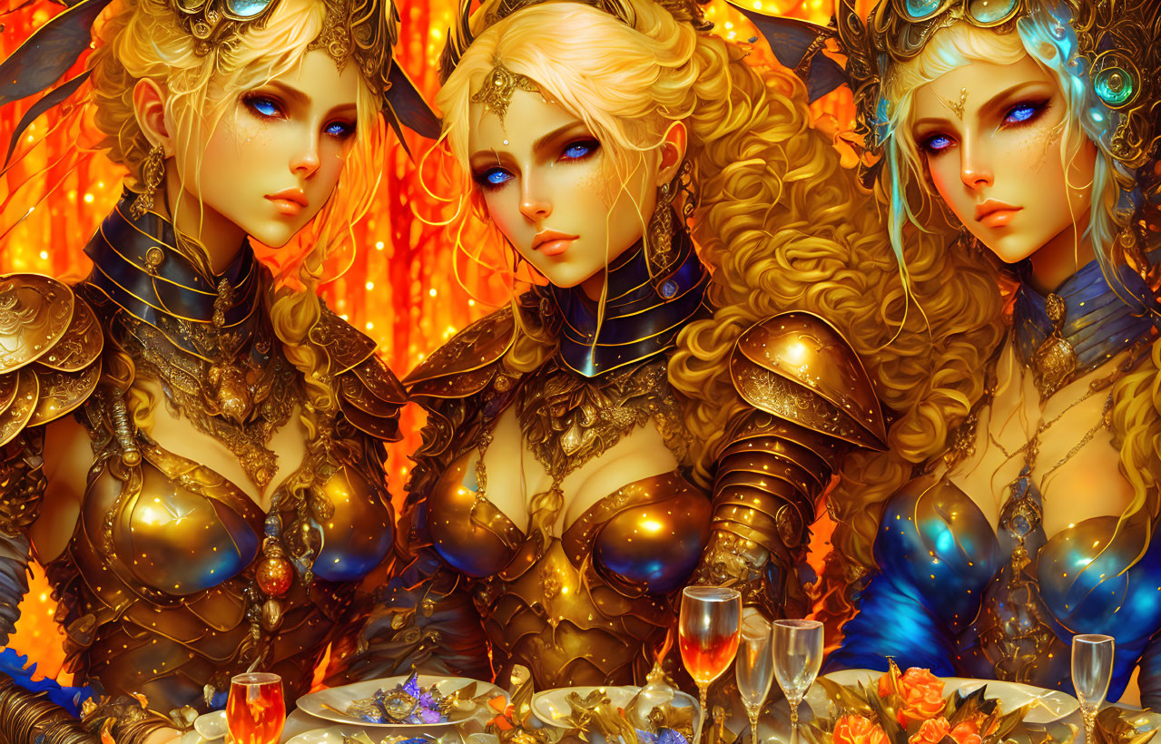 Fantasy female characters in ornate golden armor with elaborate hairstyles in fiery setting