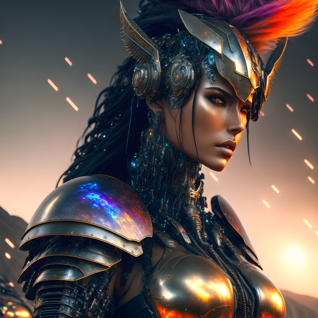 Female warrior digital artwork with metallic armor and feathered helmet against ember backdrop