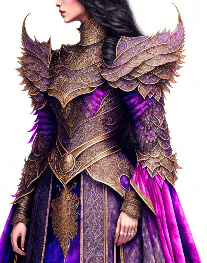 Regal Figure in Gold and Purple Armor with Feathered Pauldrons