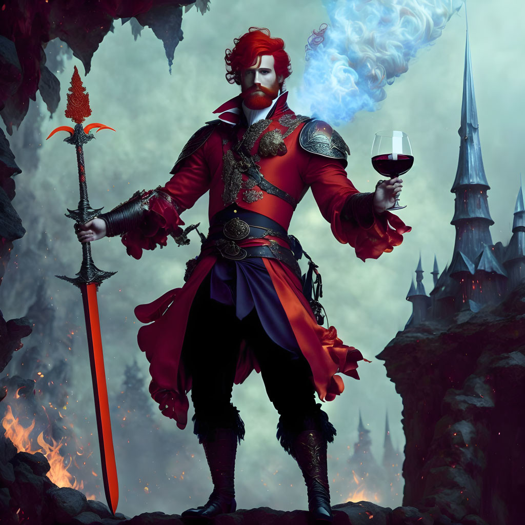 Regal figure in red armor with wine glass and sword in mystical castle setting