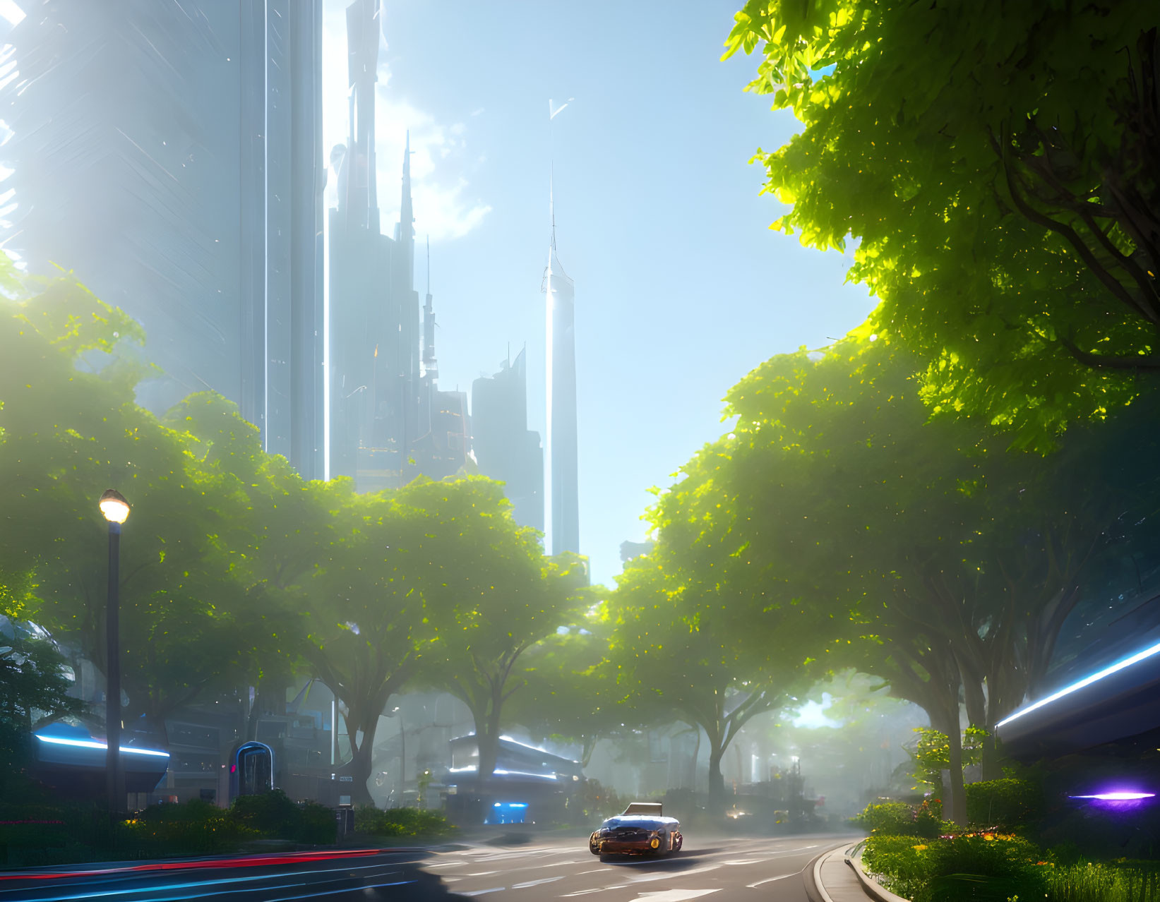 City street with futuristic skyscrapers and flying vehicle under tree canopy