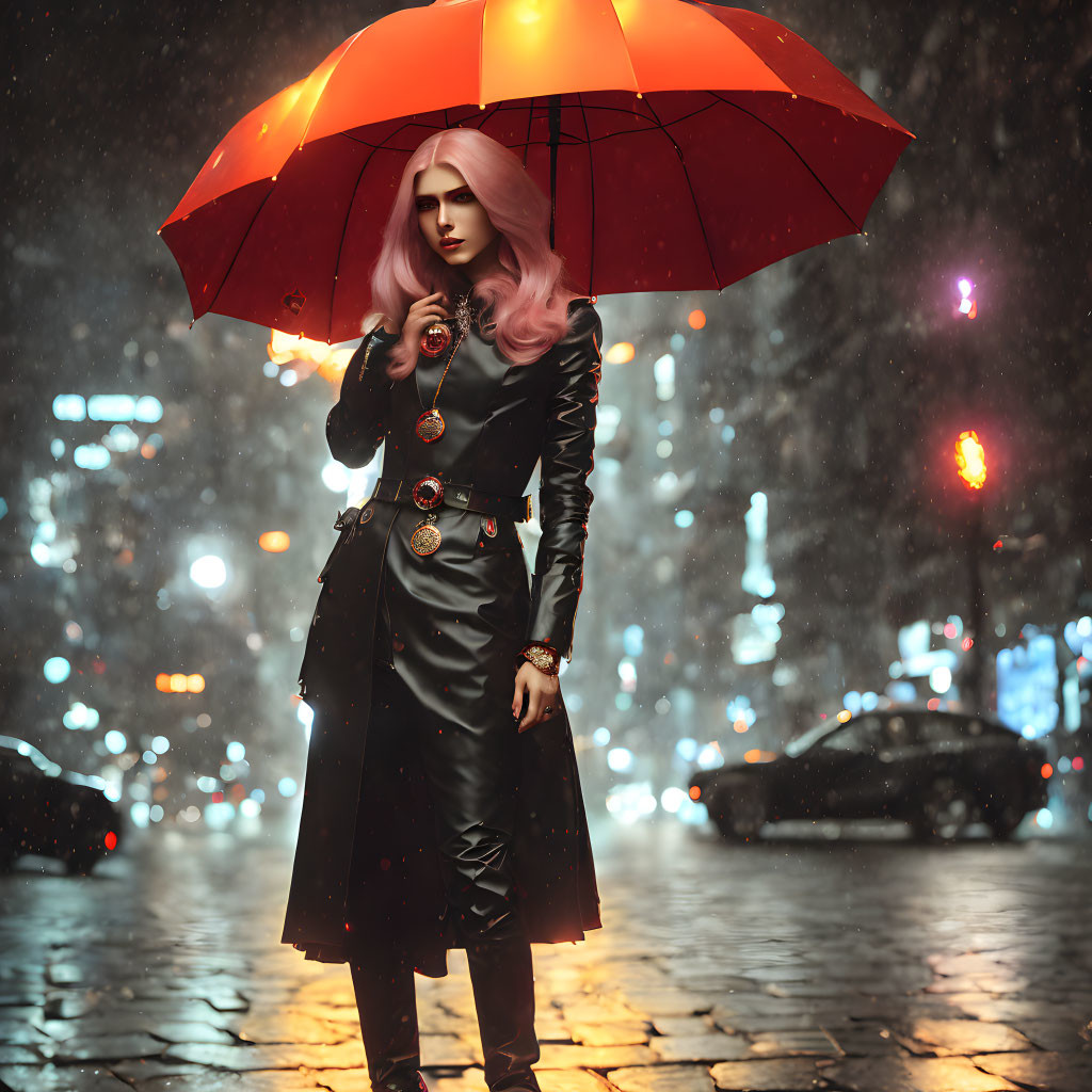 Stylish person with pink hair and red umbrella in rainy city street at night