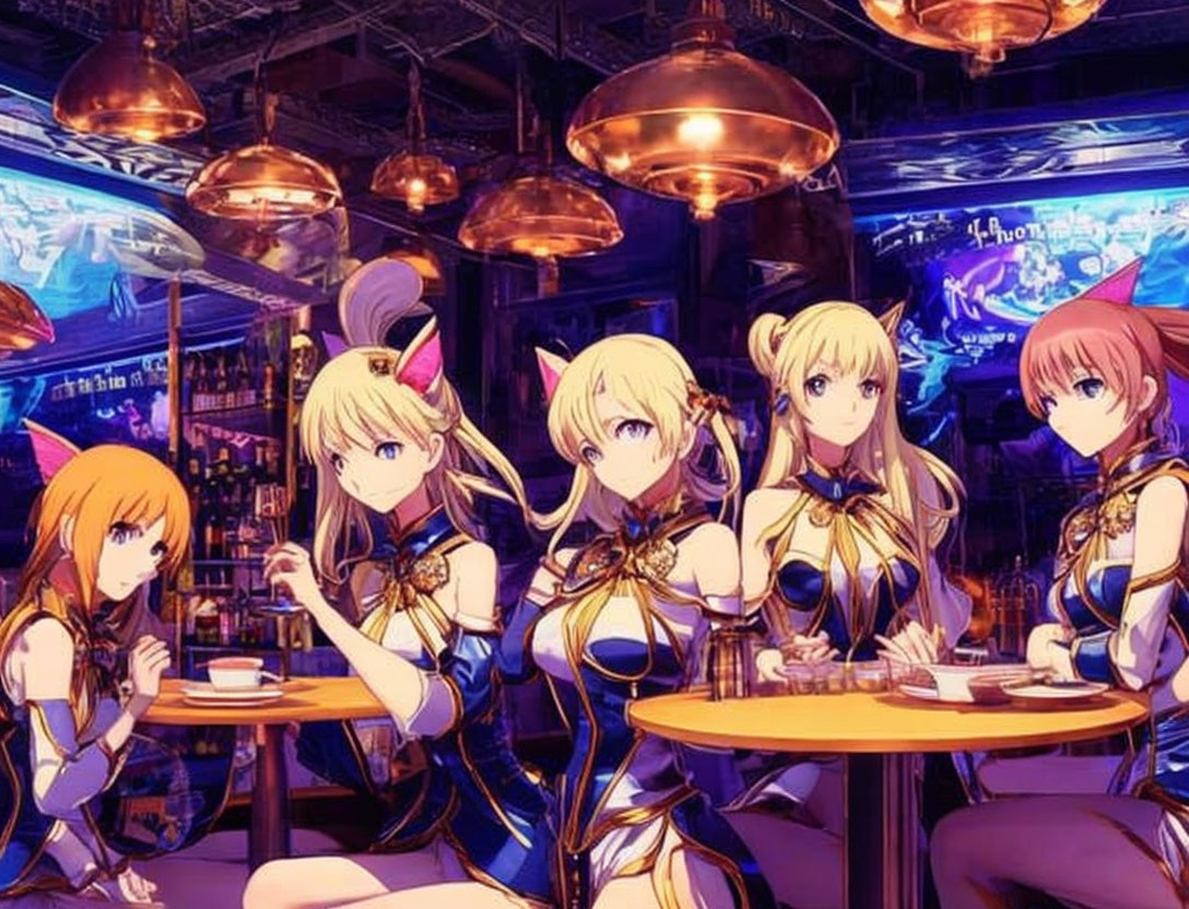 Group of Five Female Characters in Matching Outfits at Bar with Blue Lighting