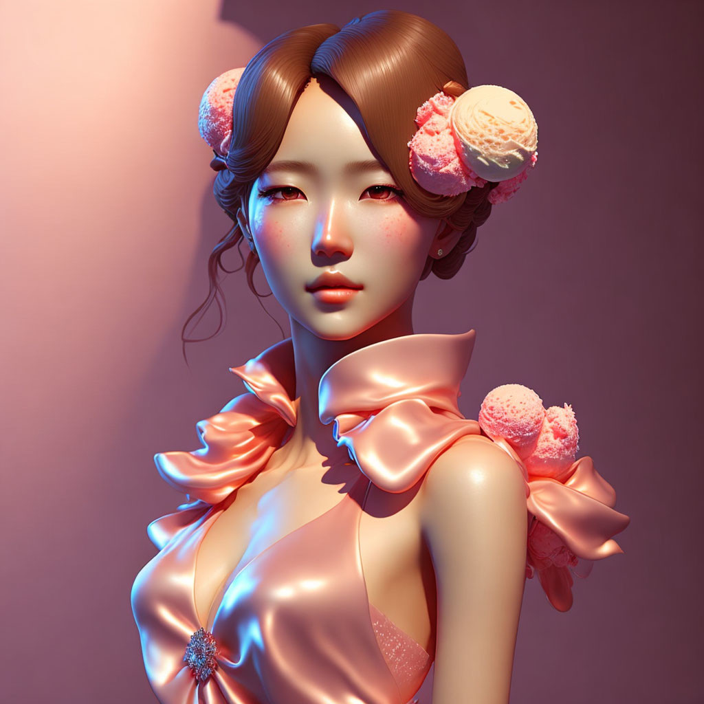 3D rendering of woman with ice cream hair accessories in pink dress