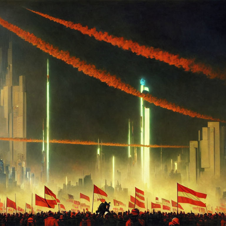 Nighttime futuristic cityscape with illuminated towers, red flag-carrying crowds, and vibrant light beams