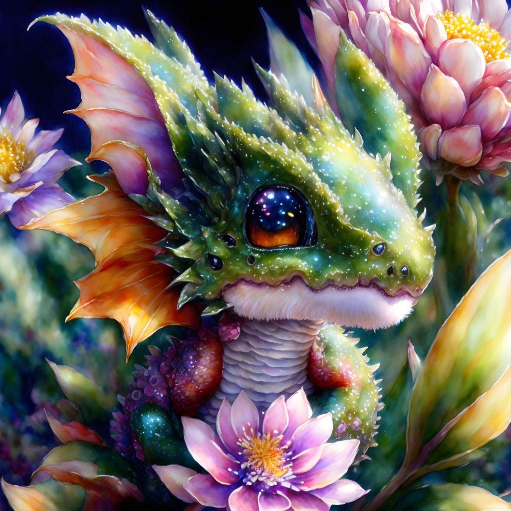 Colorful Dragon Illustration Among Blooming Flowers