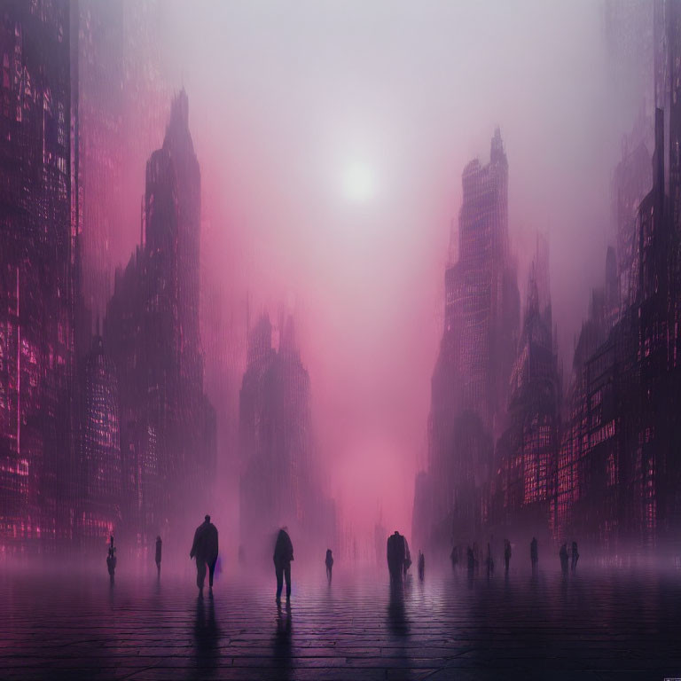 Misty cityscape at dusk with silhouetted figures and glowing sunlit haze