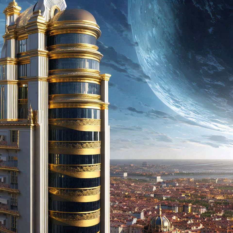 Futuristic gold and white tower in cityscape with large Earth-like planet