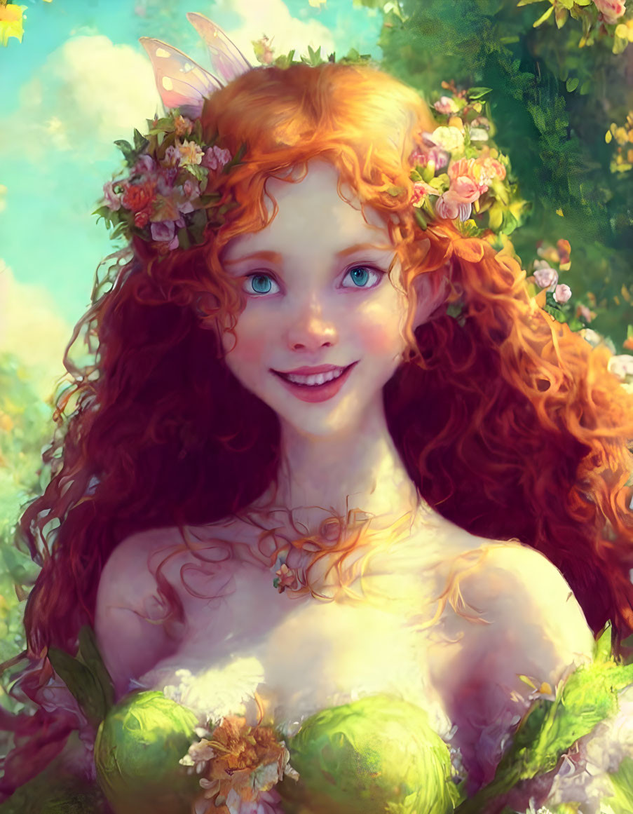 Fantasy portrait of a smiling woman with red hair, blue eyes, flowers, and butterfly wings