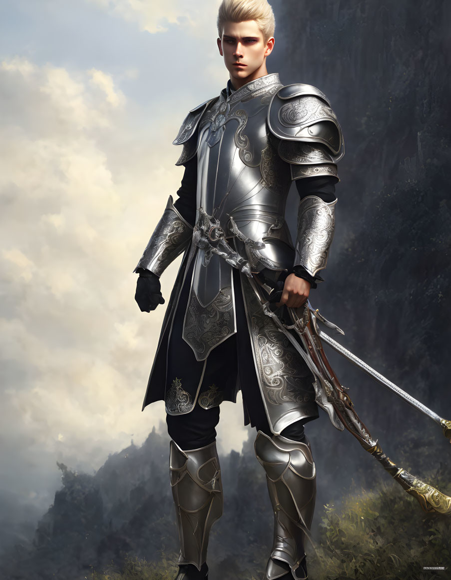 Regal figure in silver armor with sword in misty mountain backdrop