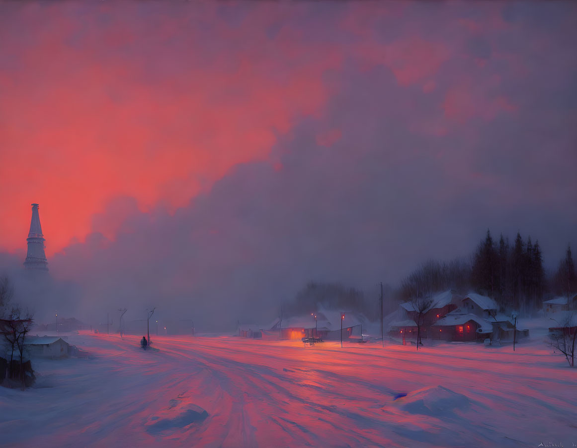 Snowy village twilight scene with pink and orange sky, lit streetlamp, rising smoke, and mist