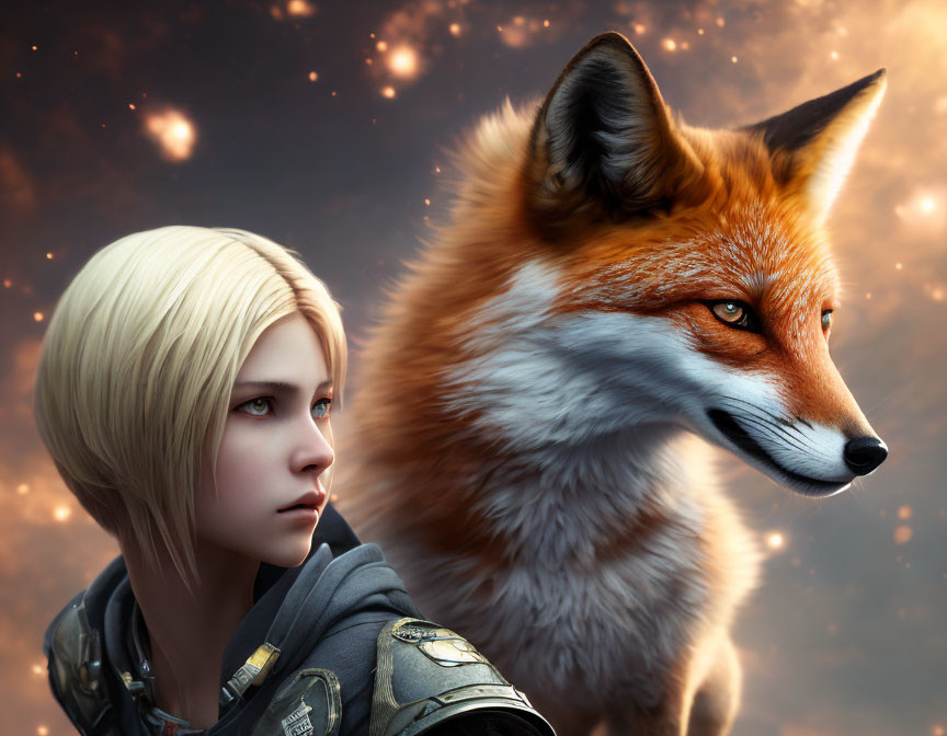 Blonde girl and red fox in futuristic digital art