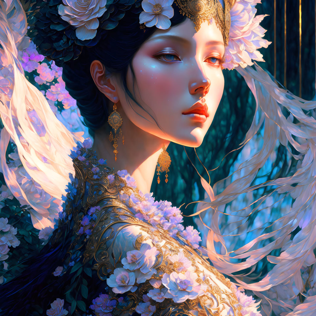 Detailed digital artwork: Woman with floral headpiece, golden earrings, intricate embroidery, mystical glow