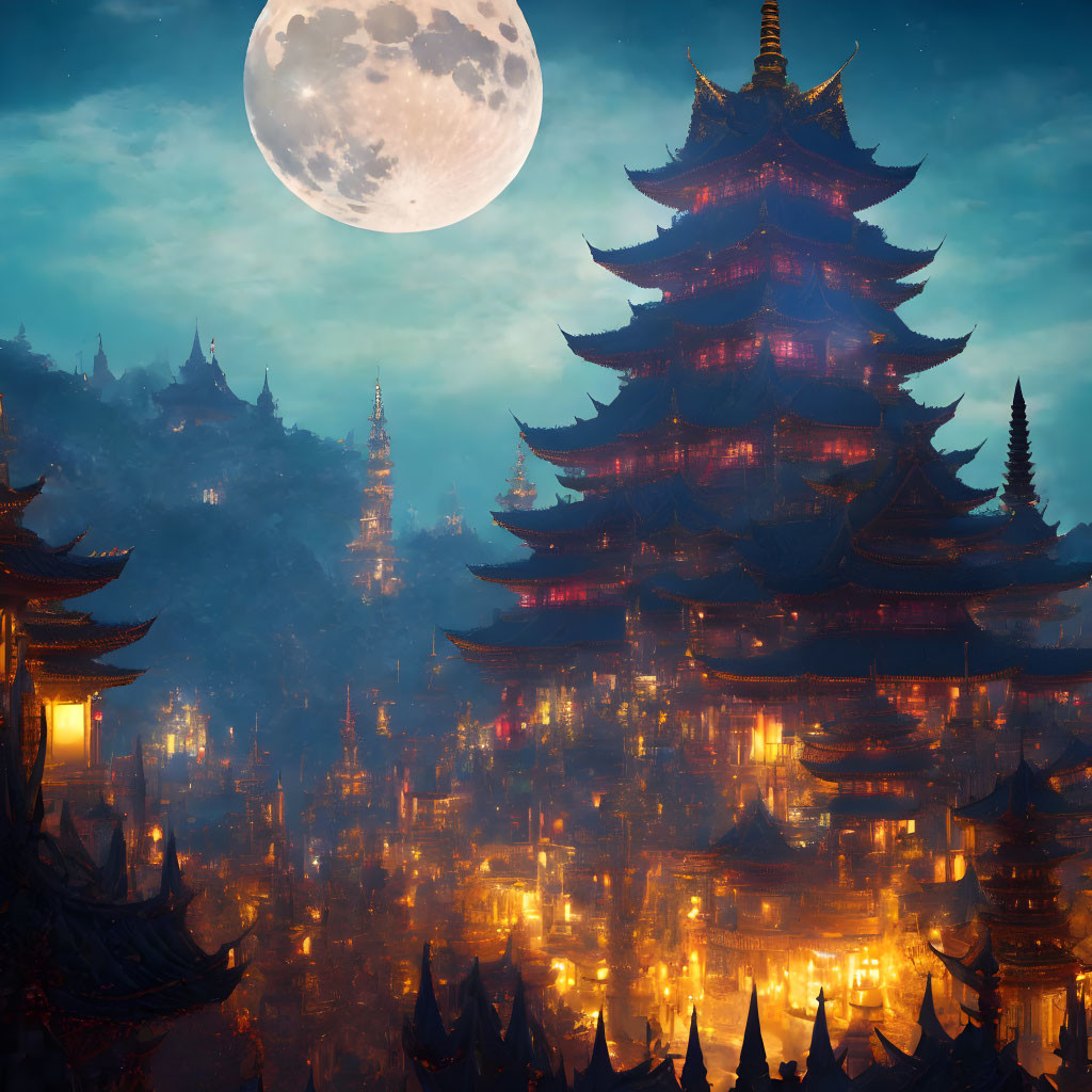 Large Moon Illuminates Ancient Pagoda Buildings in Mystical Night Scene