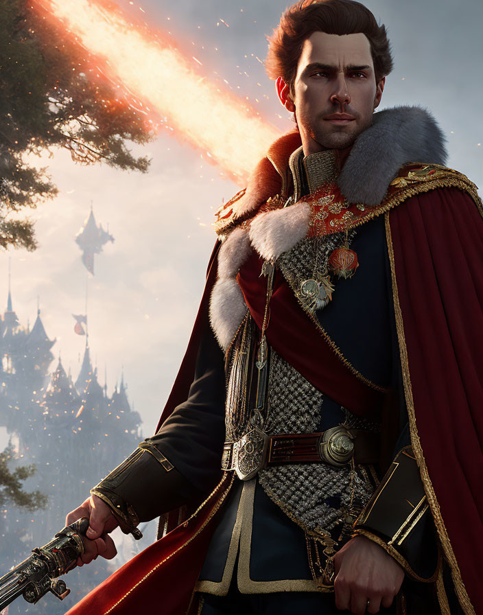 Regal man in red cloak with sword, fantasy castle, and comet in sky