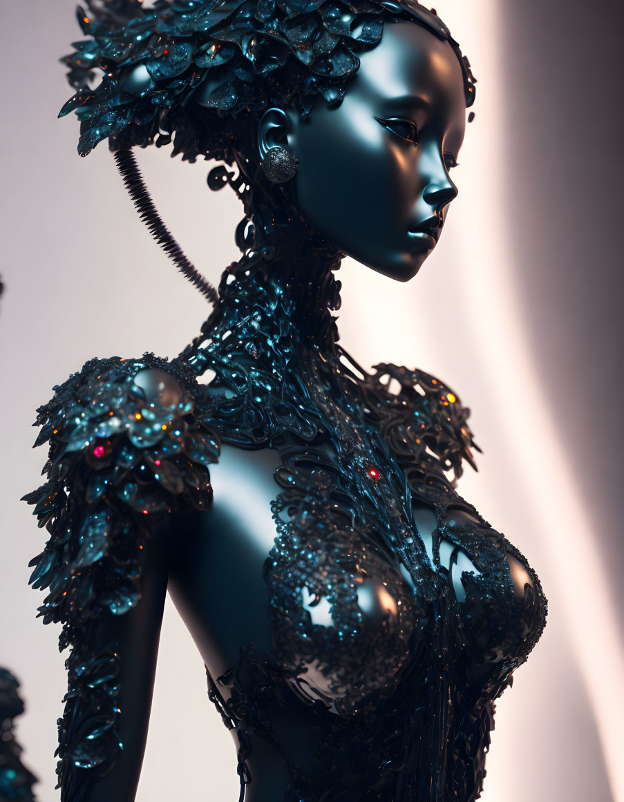 Intricately designed metallic female figure with jewel-encrusted features