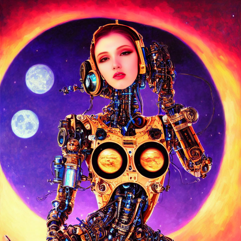 Futuristic robot with human-like face in cosmic setting