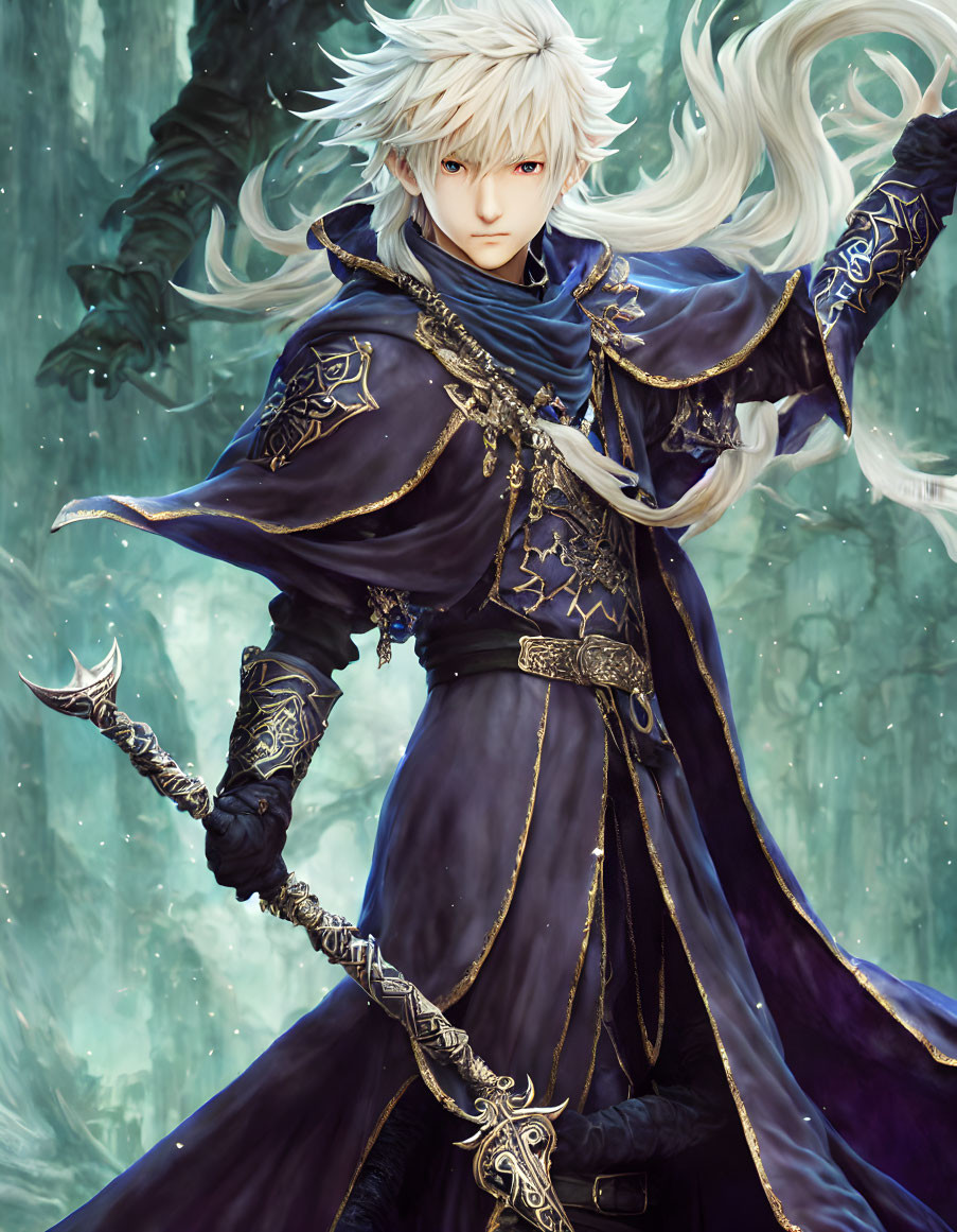 Ethereal figure with white hair in blue cloak against mystical greenery