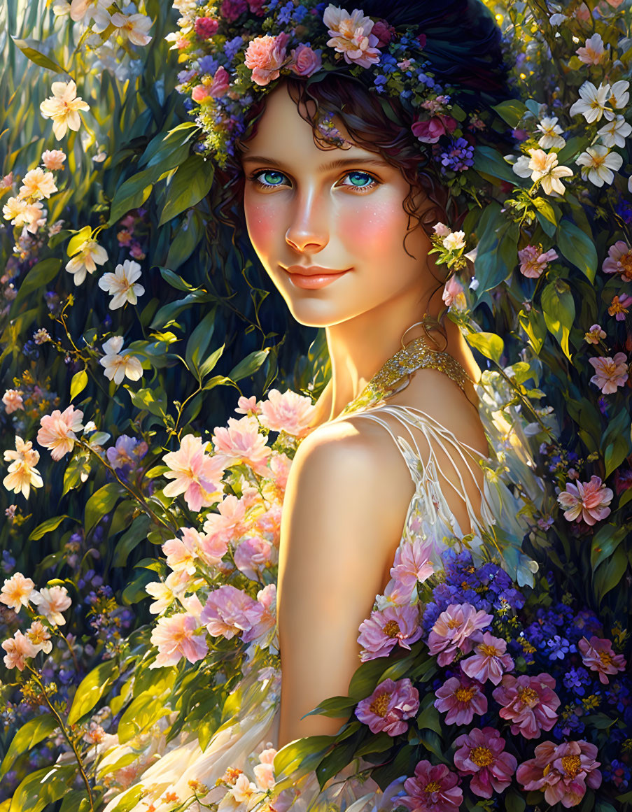 Young woman with floral wreath in digital illustration