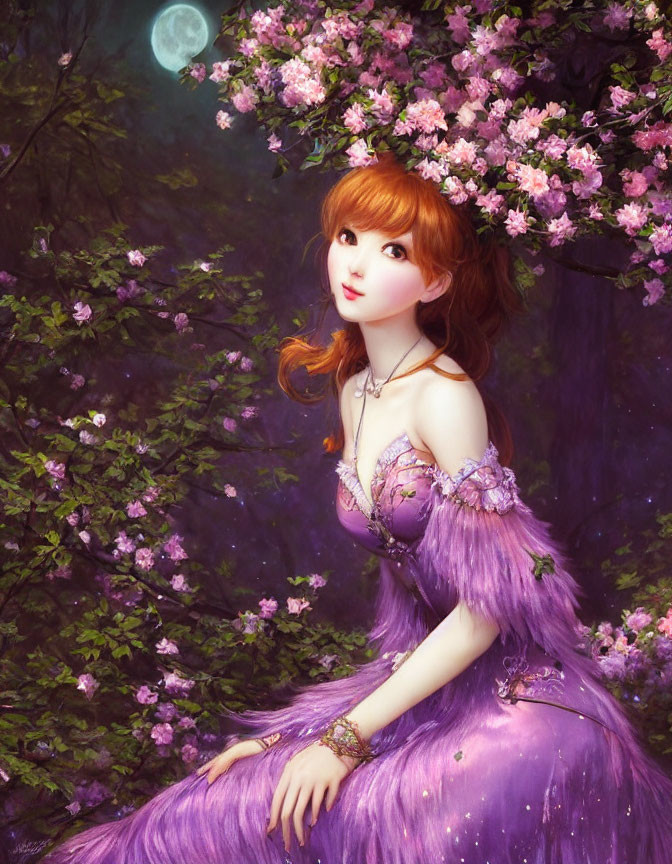 Woman with Red Hair in Purple Gown Surrounded by Moonlit Nature