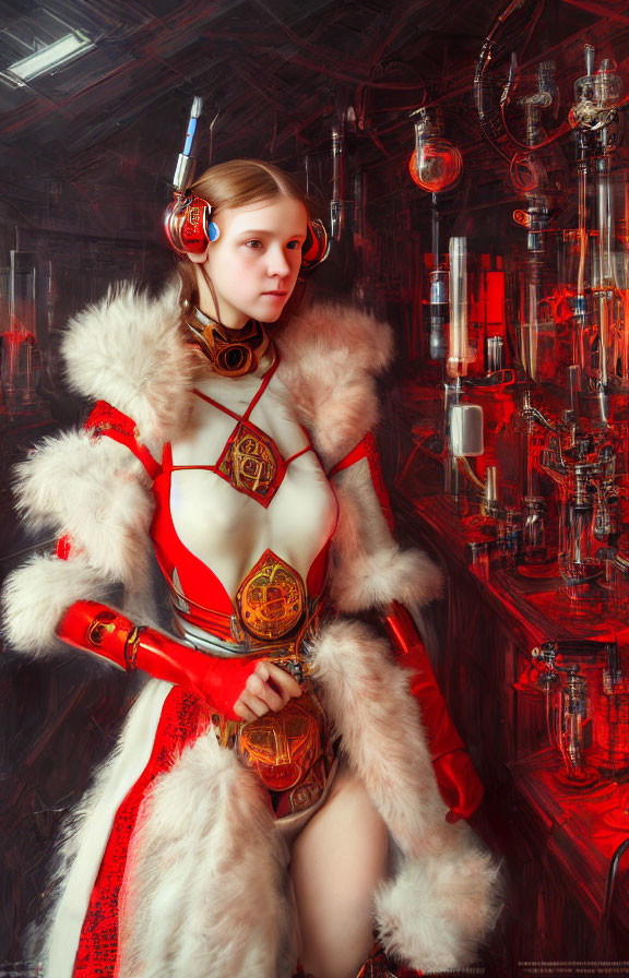 Futuristic white and red costume with fur details and high-tech earpieces against complex red tubing background